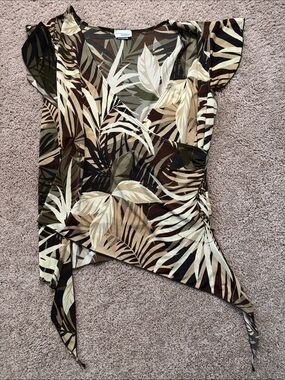Janette Plus Olive and Brown Leaf Print Wrap Blouse